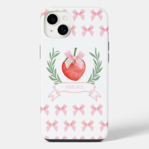 Preppy Strawberry Pink Gingham Bows Personalized iPhone 14 Plus Case