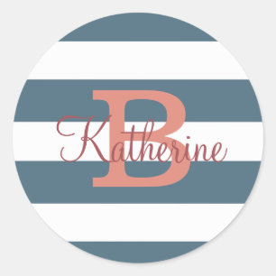 Preppy stripes blue and coral monogram sticker