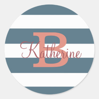 Preppy stripes blue and coral monogram sticker