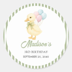 Preppy Stripes Cute Duck Theme Kids Birthday Party Classic Round Sticker