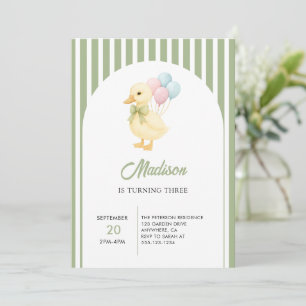 Preppy Stripes Cute Duck Theme Kids Birthday Party Invitation