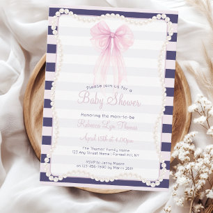 Preppy Stripes Pink Bow Pearls Baby Shower Invitation