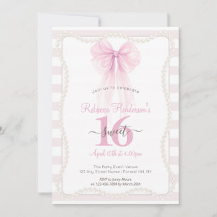 Preppy Stripes Pink Bow Pearls Sweet 16 Invitation
