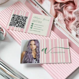 Preppy Stripes pink hair makeup photo initial qr Business Card
