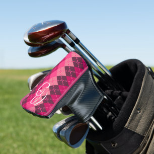 Preppy Stylish Monogrammed Pink Argyle Golf Head Cover