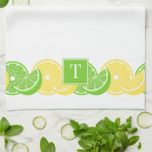 Preppy Summer Citrus Lemon Lime Slice Border Kitchen Towel