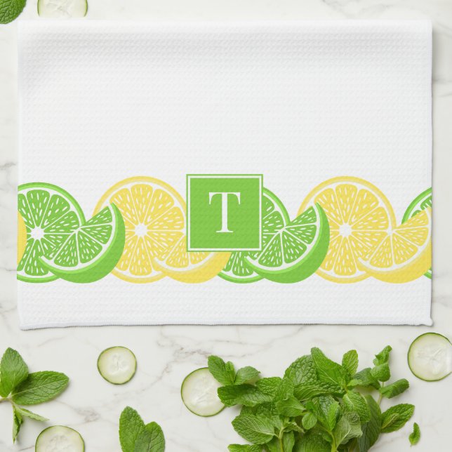 Preppy Summer Citrus Lemon Lime Slice Border Kitchen Towel (Folded)