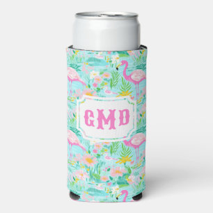 Preppy Summer Flamingo   Monogram  Seltzer Can Cooler