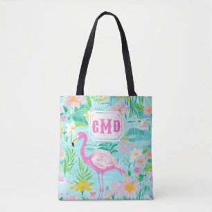 Preppy Summer Flamingo   Monogram Tote Bag