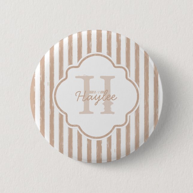 Preppy Tan Painted Stripes Monogram and Name 2 Inch Round Button (Front)
