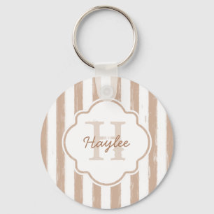 Preppy Tan Painted Stripes Monogram and Name Keychain