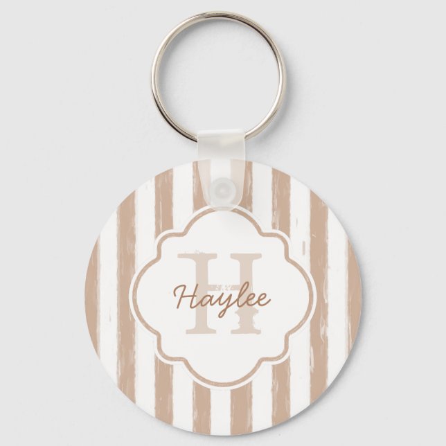 Preppy Tan Painted Stripes Monogram and Name Keychain (Front)