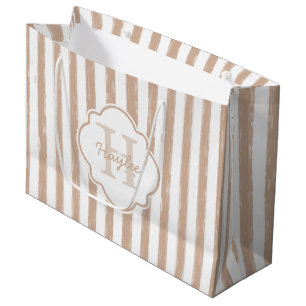 Preppy Tan Painted Stripes Monogram and Name Large Gift Bag