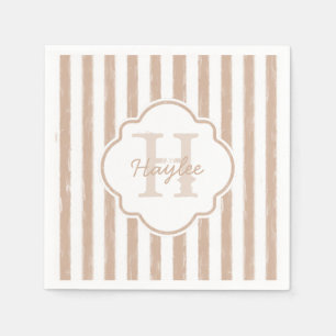 Preppy Tan Painted Stripes Monogram and Name Napkin