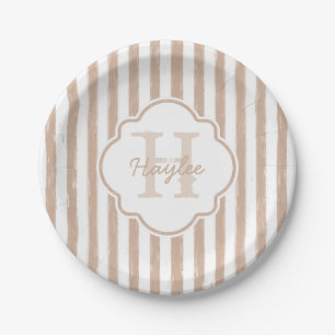 Preppy Tan Painted Stripes Monogram and Name Paper Plate