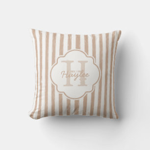 Preppy Tan Painted Stripes Monogram and Name Throw Pillow