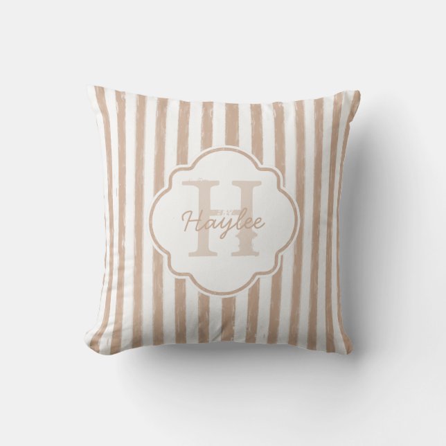Preppy Tan Painted Stripes Monogram and Name Throw Pillow (Front)