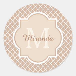 Preppy Tan Quatrefoil Mongogram With Name Classic Round Sticker