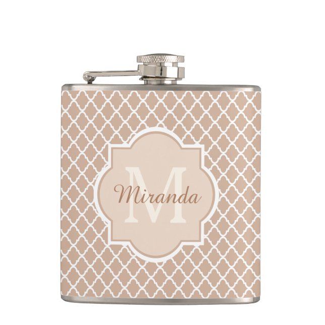Preppy Tan Quatrefoil Mongogram With Name Hip Flask (Front)