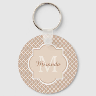 Preppy Tan Quatrefoil Mongogram With Name Keychain