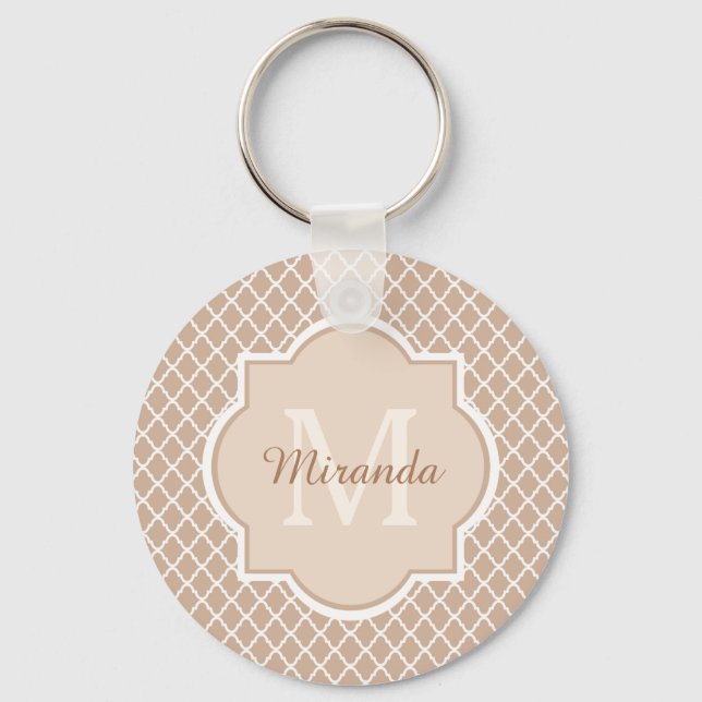 Preppy Tan Quatrefoil Mongogram With Name Keychain (Front)