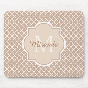 Preppy Tan Quatrefoil Mongogram With Name Mouse Pad