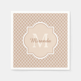 Preppy Tan Quatrefoil Mongogram With Name Napkin