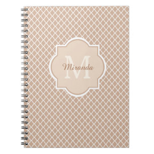 Preppy Tan Quatrefoil Mongogram With Name Notebook