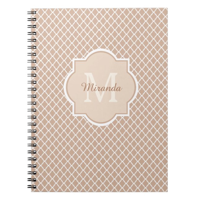 Preppy Tan Quatrefoil Mongogram With Name Notebook (Front)