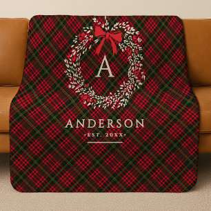 Preppy Tartan Holiday Wreath Monogram & Name Sherpa Blanket