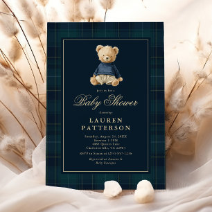 Preppy Tartan Polo Bear Baby Shower Invitation
