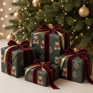 Preppy Tartan Teddy Bear Burgundy Bow Christmas Wrapping Paper