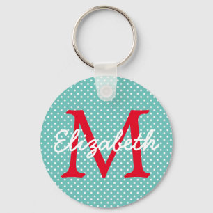 Preppy Teal and Red Polka Dot Monogram Keychain
