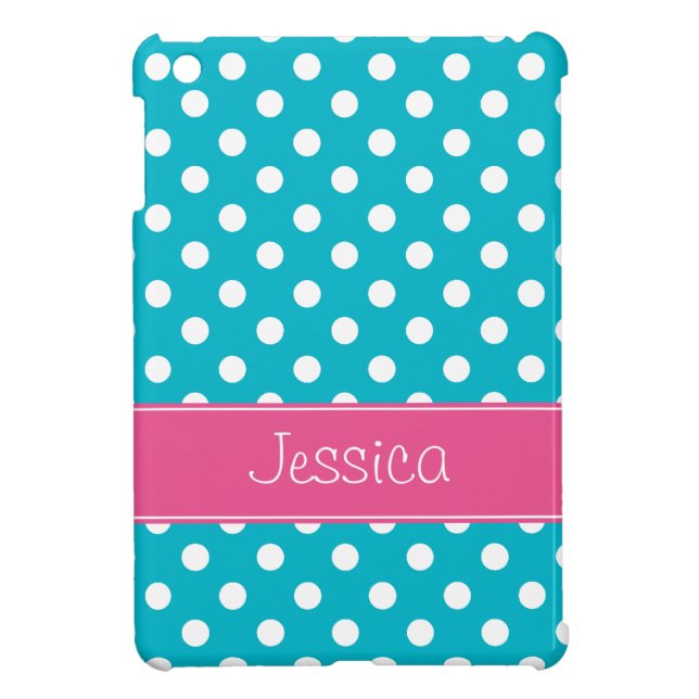 Preppy Teal Blue and Pink Polka Dots Personalized iPad Mini Case (Back)
