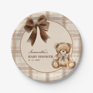 Preppy Teddy Bear Beige Plaid Baby Shower Paper Plate