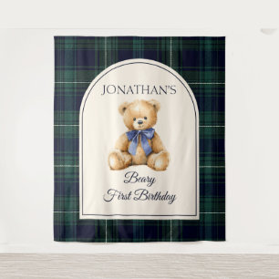 Preppy Teddy Bear Birthday Photo Backdrop Tapestry