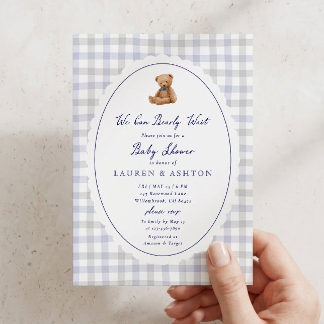 Preppy Teddy Bear Gingham Baby Shower Invitation (Creator Uploaded)