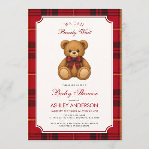 Preppy Teddy Bear Girl Baby Shower Red Black Plaid Invitation