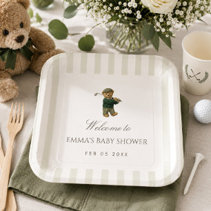 Preppy Teddy Bear Golf Baby Shower New to the Club Paper Plate