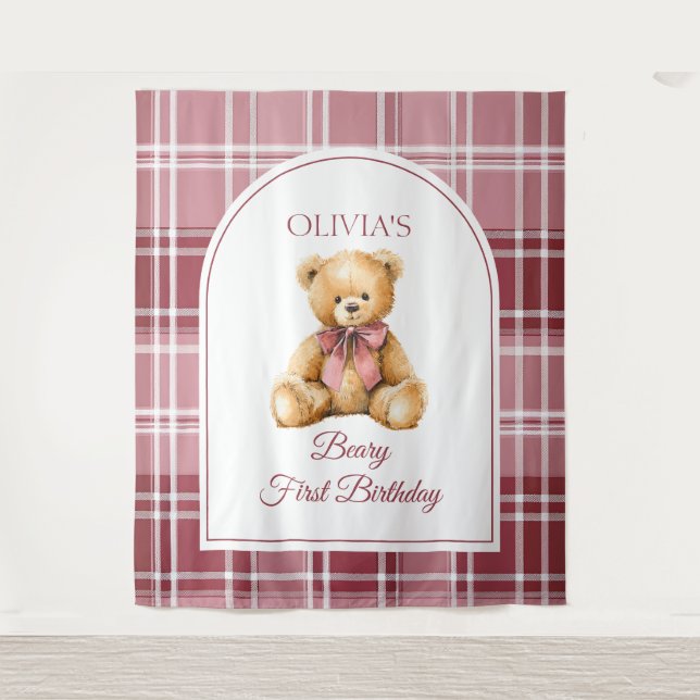 Preppy Teddy Bear Pink Bow Birthday Photo Backdrop Tapestry (Front)
