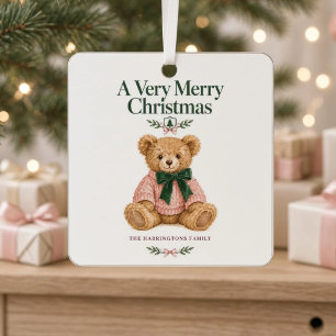 Preppy Teddy Bear Pink Green Family Photo Metal Ornament