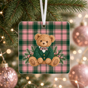 Preppy Teddy Bear Pink Green Plaid Christmas Photo Metal Ornament