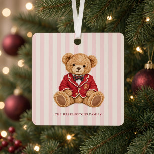 Preppy Teddy Bear Pink Stripe Christmas Metal Ornament