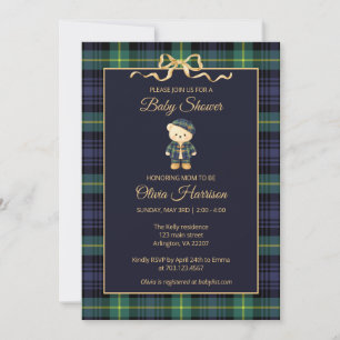 Preppy Teddy Bear Plaid Baby Shower Invitation