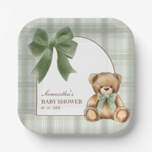 Preppy Teddy Bear Sage Plaid Baby Shower Paper Plate