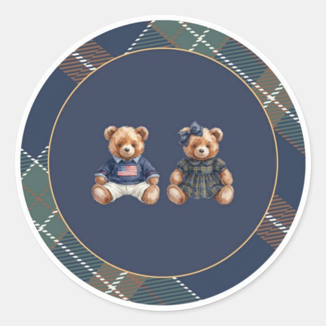 Preppy Teddy Bear Sticker Navy Plaid  (Front)