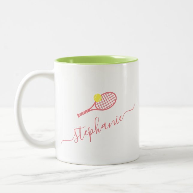 Preppy Tennis Ball Monogram Personalize Pink Green Two-Tone Coffee Mug (Left)