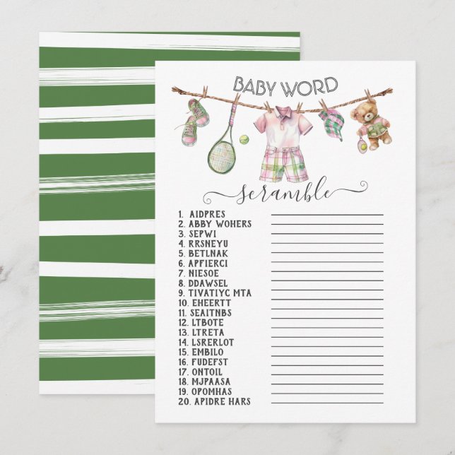 Preppy Tennis Clothesline Baby Word Scramble Invitation (Front/Back)