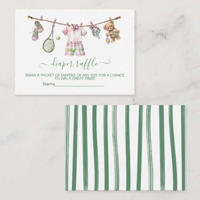 Preppy Tennis Clothesline Diaper Carte Raffle (Devant / Derrière)