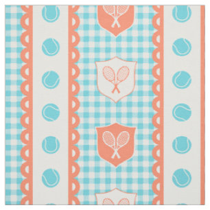 Preppy Tennis Crest Gingham - Coral & Turquoise Fabric